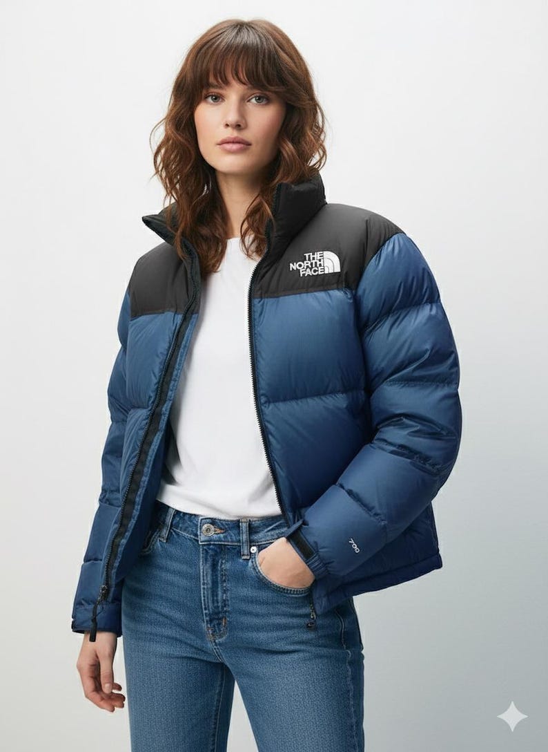 Puede incluir: Chaqueta acolchada azul y negra con cuello alto y cierre de cremallera. El logotipo de la marca est&aacute; en el pecho. La modelo lleva vaqueros azules y una camiseta blanca.