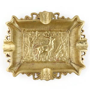 Vintage Brass Ashtray With Stag Relief, Tobacciana Gift, 4 Cigar Rests, Cast Brass Ornate, Rustic Hunters Cabin Decor, Forest Scene Design