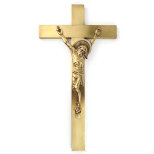 Vintage German Brass Crucifix, Wall Cross With Jesus Figure, Flat Beam, Mid Century Religious Decor, Catholic Home Accent, Christian Gift