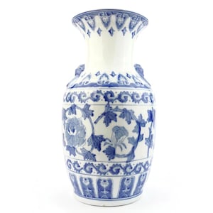 Chinese Porcelain Vase, Blue And White Porcelain Vase, Eastern Floral Motif, Hand Painted Vintage Asian Decor, Gift Idea, Glazed Ceramic
