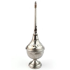 Vintage Moroccan Rosewater Sprinkler, Silver Toned Brass, Floral Relief, Long Screw Cap, Footed Base, Middle Eastern Decor, 27.5 cm Tall