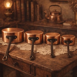 Könnte beinhalten: Ein Set aus vier abgestuften Kupfer-Stielkasserollen mit dunklen Metallgriffen, jede mit flachem Boden und einem langen, genieteten Stiel mit einer runden Aufhängeöse am Ende, angeordnet in einer Reihe von der größten bis zur kleinsten.