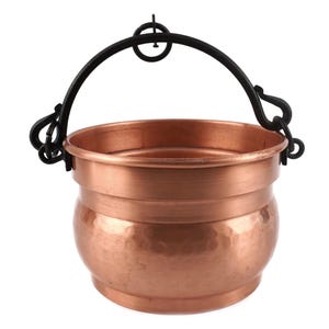 Vintage French Copper Cauldron, Black Iron Hanging Handle, 5L Rustic Planter, Country Kitchen Pot, Farmhouse Fireplace Decor