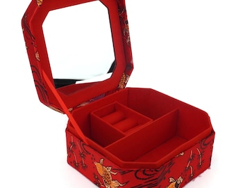 Vintage Red Fabric Jewelry Box With Mirror, Koi Fish Patterned Octagonal Trinket Case, Asian Silk Storage Box For Rings And Earrings