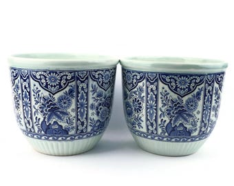Vintage Royal Sphinx Delft Blue Planter Set, Boch Holland Floral Ceramic Cachepots, Large Blue White Jardiniere Pair