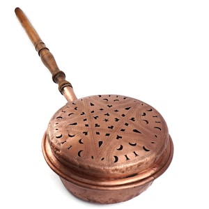 Large French Copper Bed Warmer, Antique Wooden Handle Pan, Pierced Lid Warming Pan, Rustic Fireplace Decor, Farmhouse Brass Accent