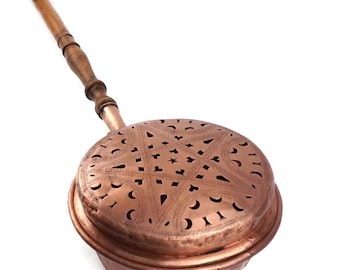 Large French Copper Bed Warmer, Antique Wooden Handle Pan, Pierced Lid Warming Pan, Rustic Fireplace Decor, Farmhouse Brass Accent