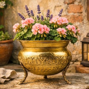 Vintage Brass Tripod Planter, Hammered Decorative Bowl, Ornate Floral Motif Cache Pot, Mid Century Plant Holder, Bohemian Interior Decor