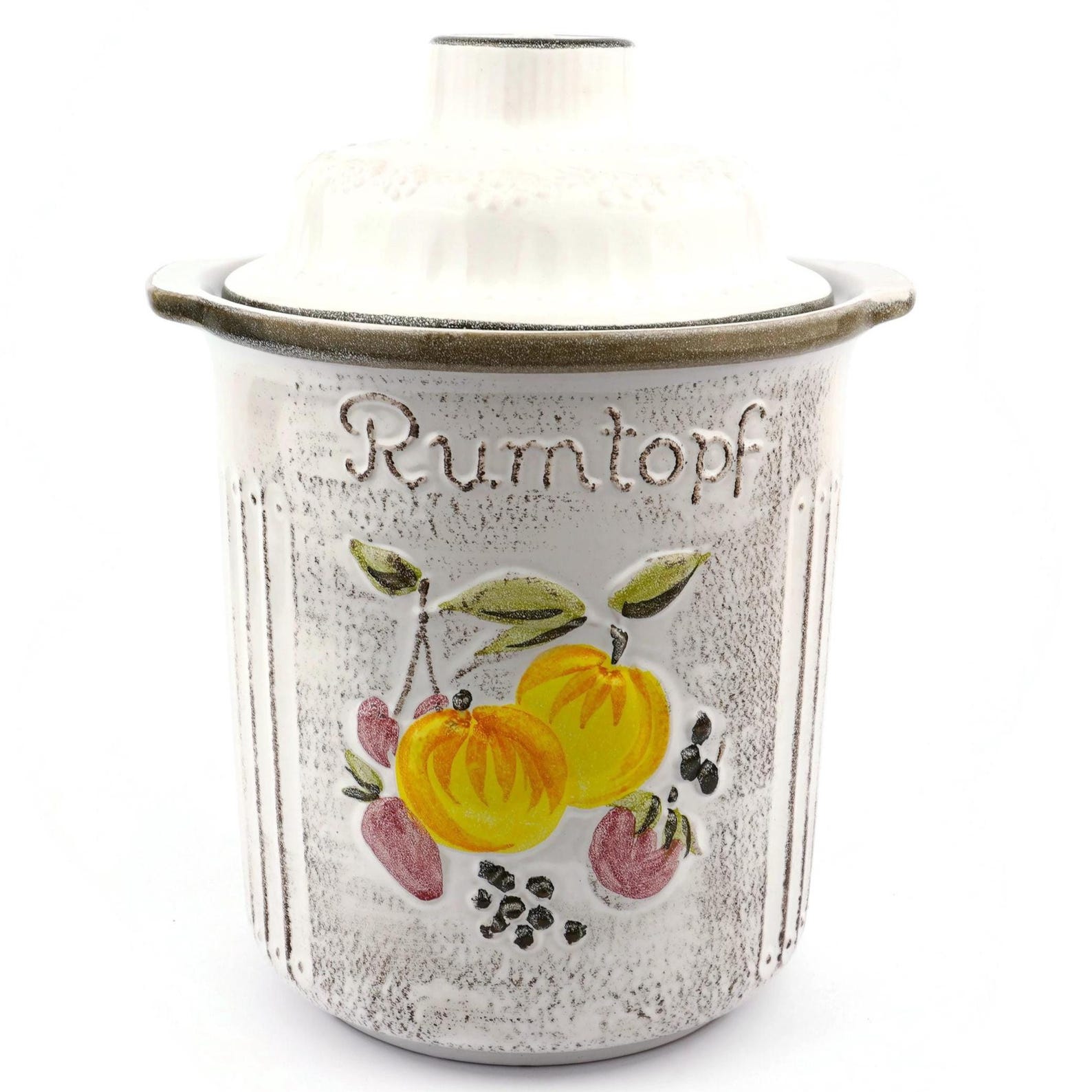 Vintage West German Rumtopf, Fruit Motif Ceramic Fermentation Jar, Embossed Rum Pot With Lid, W. Germany Marked, White Glazed Ceramic Decor