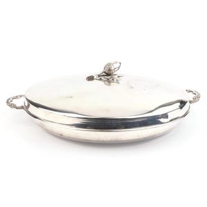 Vintage Silver Lidded Serving Dish, Alpaca Mark, Round Form, Elegant Finial, Ornate Handles, Polished Surface, Classic Centerpiece
