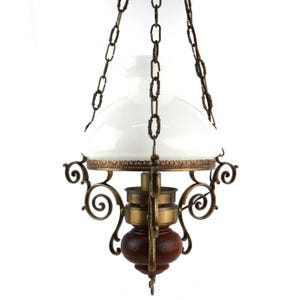 Vintage French Brass Chandelier, White Glass Shade Pendant, Mid Century Ornate Ceiling Light, Living Room Lighting, Interior Design