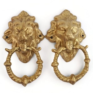 Vintage Brass Lion Head Drawer Pulls, Pair Of Solid Brass Lion Mask Furniture Handles, Antique Style Brass Hardware Ornaments, Rustic Decor