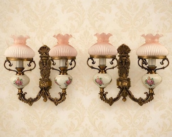 Vintage French Brass Sconces, Floral Porcelain Lamps, Pink Glass Shades, Rococo Living Room Lighting, Interior Wall Design, Shaded Sconce