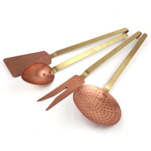 Vintage Copper Kitchen Utensil Set, Brass Handle, Mid Century Modern Cooking Tools, Spoon Fork Spatula Skimmer, Decorative Wall Hanging