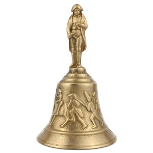 Vintage Brass Napoleon Bell, German Desk Bell, Marching Soldiers Relief, Military Theme, Collectible Bell, Figurine Finial Handle