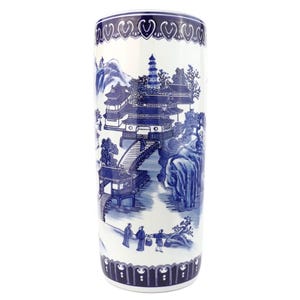 Porzellan-Schirmständer, chinesische blau-weiße Vase, handbemalte Szene, große zylindrische Form, Geschenk zur Eingangsdekoration, 45 cm hoher Ständer