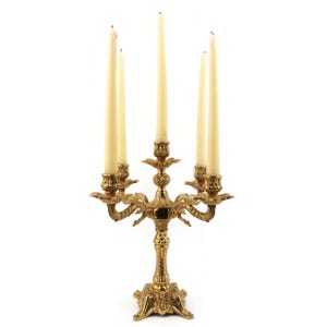 Vintage Brass Candelabra, Five Arm Candle Holder, Ornate Floral Details, Baroque Style Centerpiece, French Rococo Decor, Table Candle Stand