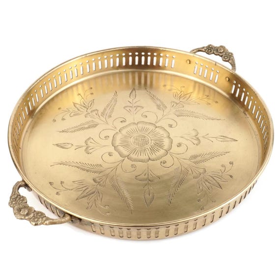 Ornate Brass Tray With Floral Engraving, Reticulated Edge, Cast