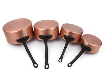 Vintage French Copper Pan Set Of 4, With Iron Handles, Rustic Wall Hanging Kitchen Decor, Old Copper Cookware France