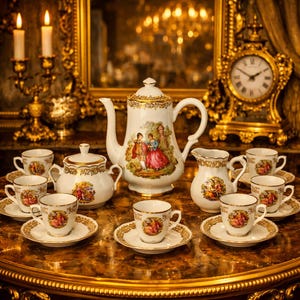 May include: An antique tea set in white and gold. The set includes a teapot, sugar bowl, creamer, cups, and saucers. Each piece features a painted scene of a couple in period clothing. The set is arranged on a gold surface, reflecting the light.