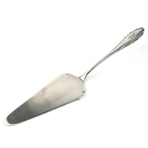 Op de afbeelding: Een zilveren taartschep met een lange, slanke handgreep en een breed, plat lemmet. Het lemmet heeft een decoratieve, geschulpte rand. De handgreep heeft een klein, sierlijk ontwerp aan de bovenkant. De schep is gemaakt van glanzend, reflecterend metaal.