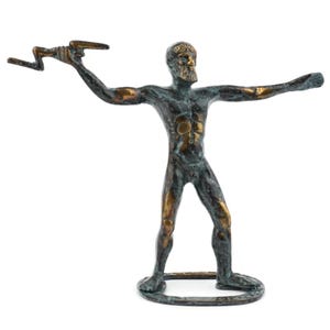 Vintage Bronze Zeus Figurine, Greek God Holding Lightning Bolt, Greek Mythological Home Decor, Patinated Bronze Sculpture, Handmade Greece