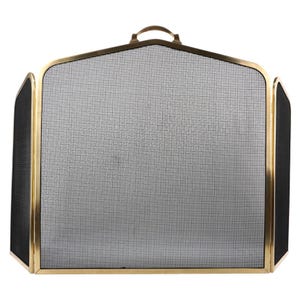 May include: A three-panel fireplace screen with a brass frame and a fine mesh screen. The screen has a handle at the top for easy movement. The side panels are hinged, allowing for adjustable positioning. The overall design is classic and functional.