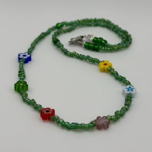 Handmade Beaded Necklace 17 inches Green Seed Beads Choker Flower Beads Handmade Gift Silver Fastenings