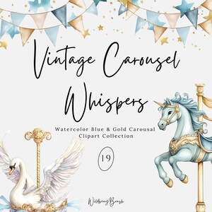 Clipart de Aquarela de Carrossel Azul | Animais de Carrossel Pastel | Decoração de Chá de Bebê | Tema de Carnaval de Berçário Dourado PNG | Download Digital