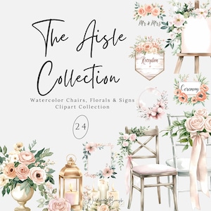 Clipart de ceremonia nupcial en acuarela: sillas elegantes, decoración de pasillos, asientos Chiavari y elementos florales PNG para invitaciones y eventos.