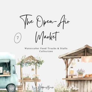Boerenmarkt aquarel clipart png, foodtruck & marktkraam vintage zomer lente ontwerpen, rustieke openluchtmarkt met bloem illustraties
