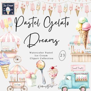 パステルカラーの水彩アイスクリームのクリップアートPNG、夏のスイーツ招待状デザイン、ベビーシャワーのデザートのヴィンテージフードトラック、印刷可能なクリップアート