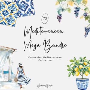 Bundle de cliparts PNG aquarelle méditerranéen, carreaux bleu citron blanc olive, faire-part de mariage d'été, bordures et couronnes, clip imprimable à