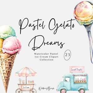 Clipart de sorvete em aquarela pastel PNG, design de convite para doces de verão, food truck vintage com sobremesas para chá de bebê, clipart para impressão