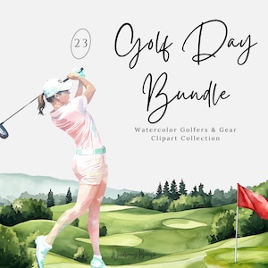 Golfclipartbundel – aquarelgolfbaan, golfers, golfkarretjes en clubs | Png-sportclipart voor uitnodigingen en digitaal gebruik