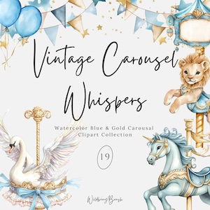 Blue Watercolor Carousel Clipart: Carnival Nursery Decor (Digital Download)