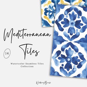 Mediterrane blauwe tegel aquarel clipart png, Marokko naadloos patroon zomer illustraties, huwelijksuitnodiging, blauw witte en gele tegels