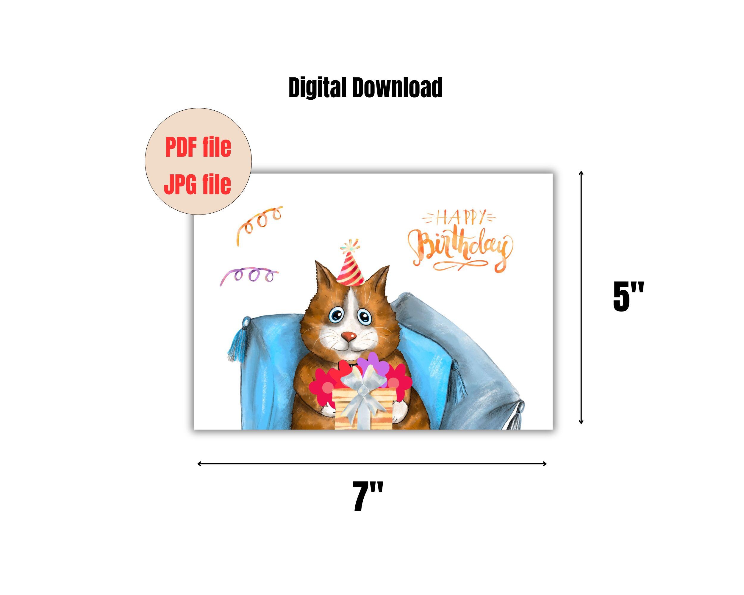 Printable Happy Birthday Cat Card :7x5 Inch( 3 Files Digital Download ...