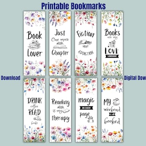 Printable bookmarks floral,Printable Bookmarks,Printable Bookmarks Set of 8, Gift for Book Lover,Instant Download,Flower Bookmarks. 2x6&quot;