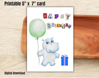 Funny Hippo Birthday Card: Printable 5x7" PDF (Digital Download)