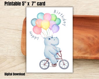 Funny Hippo Birthday Card: Riding Bike, Printable 5x7 (PDF Download