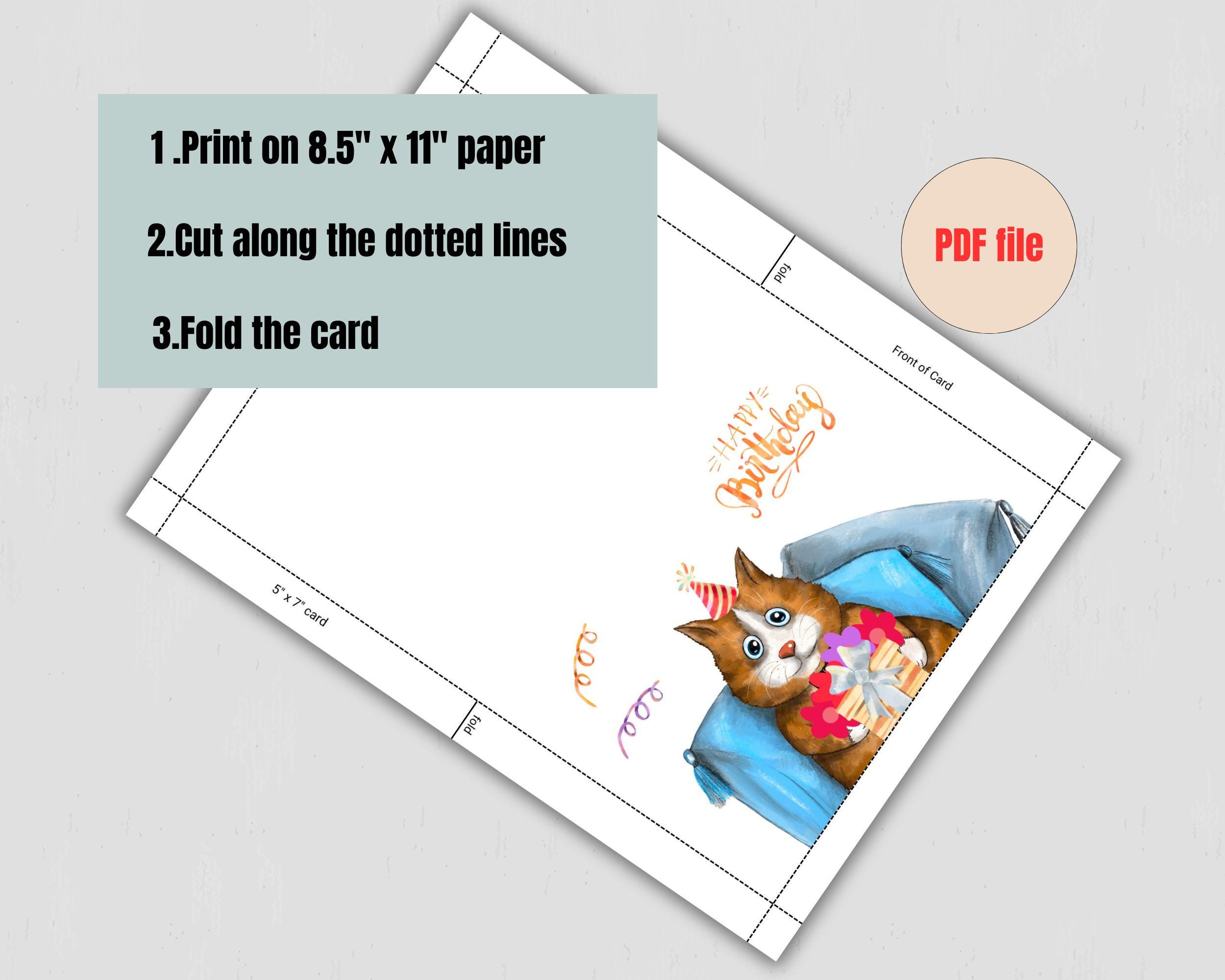 Printable Happy Birthday Cat Card :7x5 Inch( 3 Files Digital Download ...