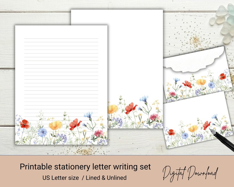 Printable Stationery Letter Writing Paper Set Digital Download Lined