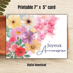 Biglietto di auguri di buon compleanno francese stampabile, Joyeux Anniversaire, biglietto floreale, download immediato in PDF, biglietto di auguri di compleanno francese, stampa a casa, 7 x 5 pollici