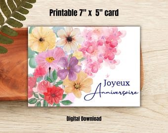Floral Joyeux Anniversaire Card: Printable French Birthday (PDF)