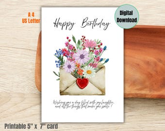Happy Birthday Card: Printable Watercolor Floral Envelope Greeting Flower Bouquet Instant DIY 5x7" PDF Digital Download With Front Message