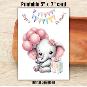 Carte d'anniversaire imprimable Funny.Digital Birthday Card.Watercolor Elephant Printable Card.Happy Birthday Card.5 x 7"