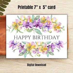 Cartão de feliz aniversário de orquídea para impressão, cartão de aniversário, cartão floral, download instantâneo em PDF, cartão de feliz aniversário, impressão em casa, cartão de 7 x 5 polegadas
