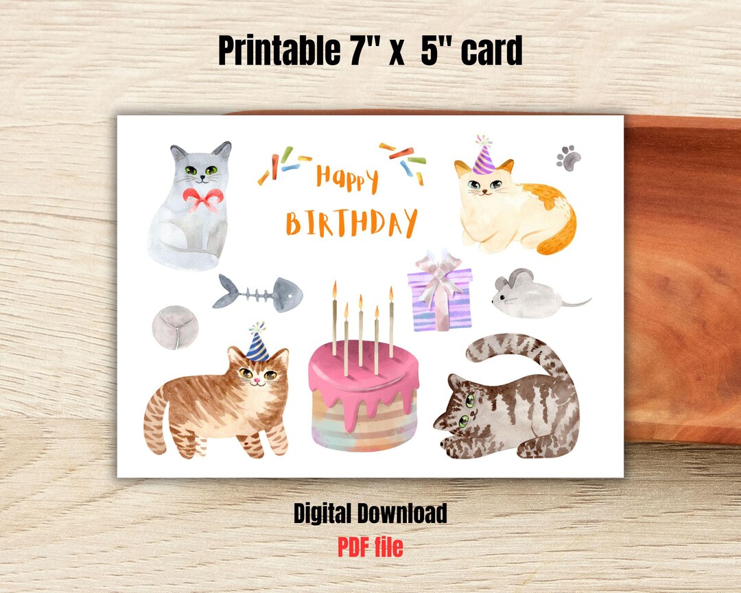 Printable Happy Birthday Cats Card :7x5 Inch( Digital Download) - Etsy ...