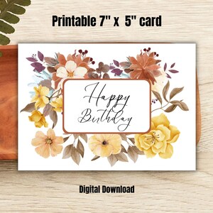 Cartão de aniversário para impressão, cartão de última hora, cartão de aniversário floral, download instantâneo em PDF, cartão de feliz aniversário, impressão em casa, cartão de 7 x 5 polegadas
